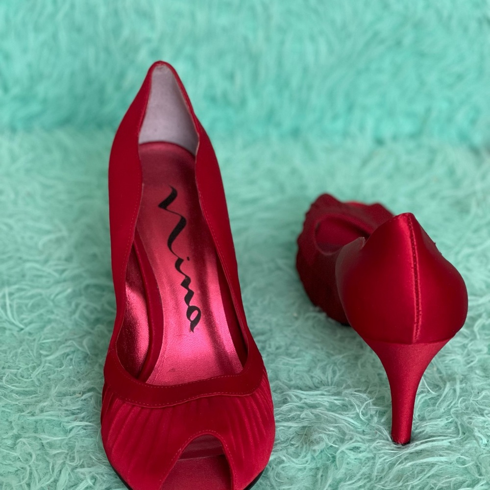 Satin peep toe red heel